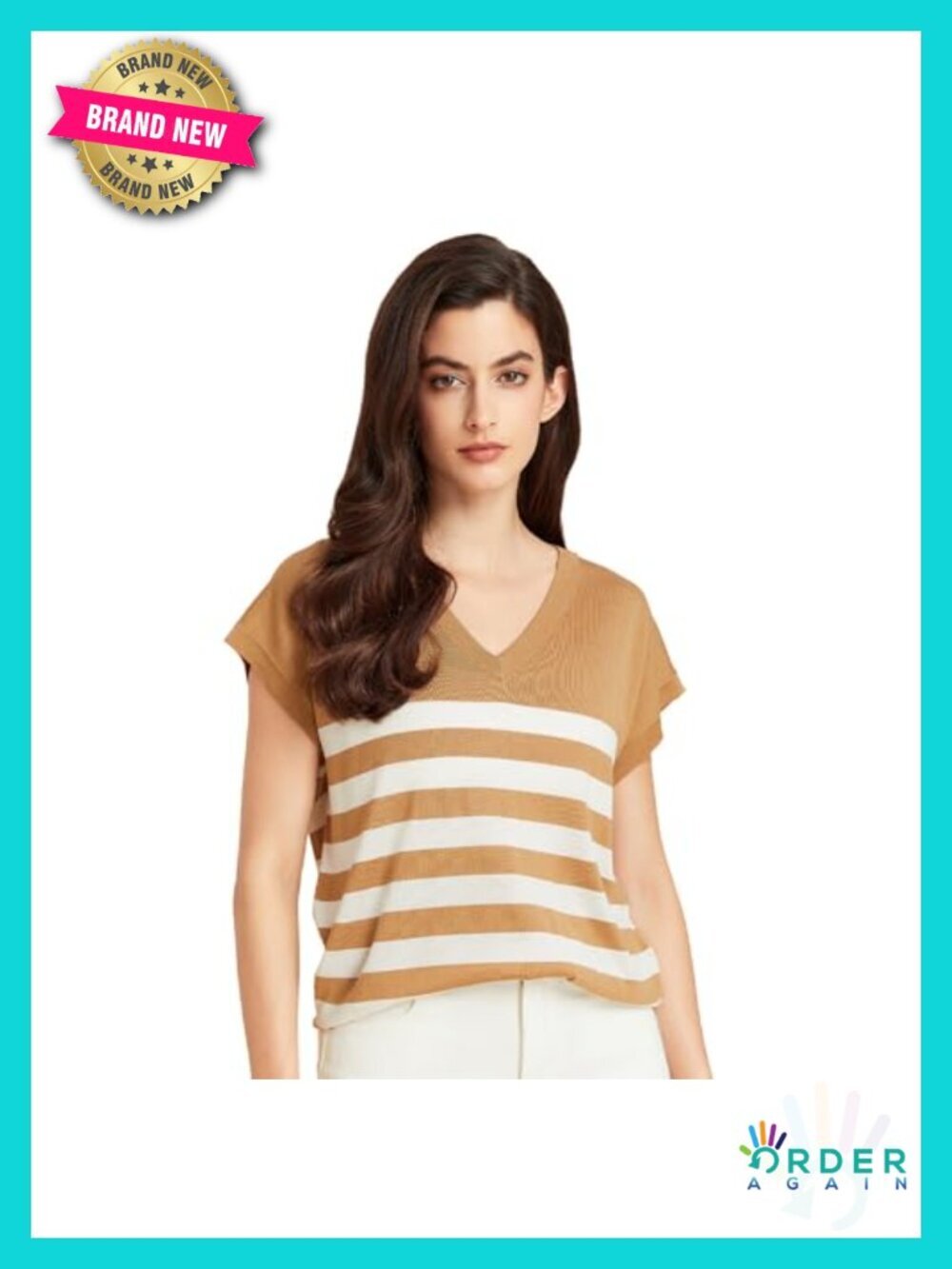 Silk Cashmere V-Neck Striped T-Shirt Loose Casual Summer Tee